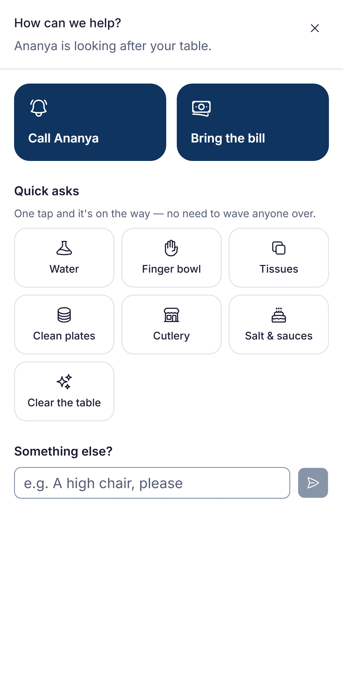 A guest's phone: How can we help? with Call Ananya, Bring the bill and quick asks