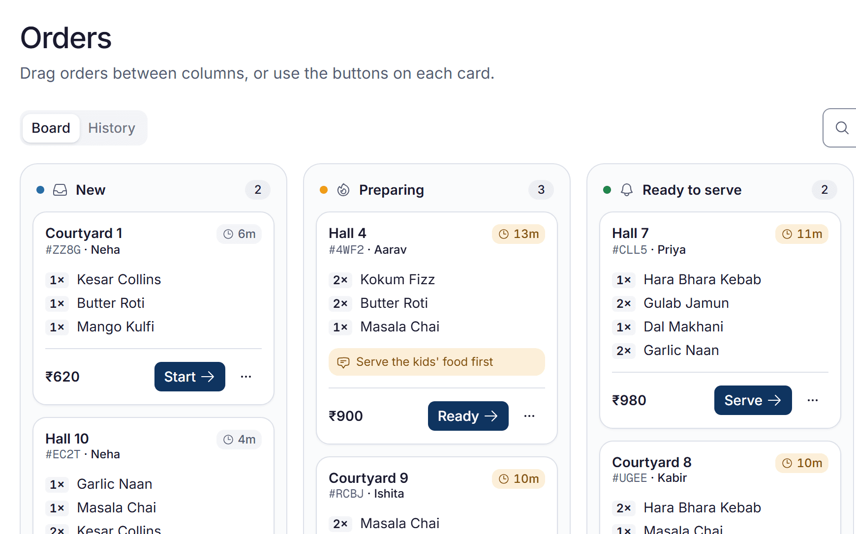 The kitchen board: New, Preparing and Ready to serve columns with timers, options and notes