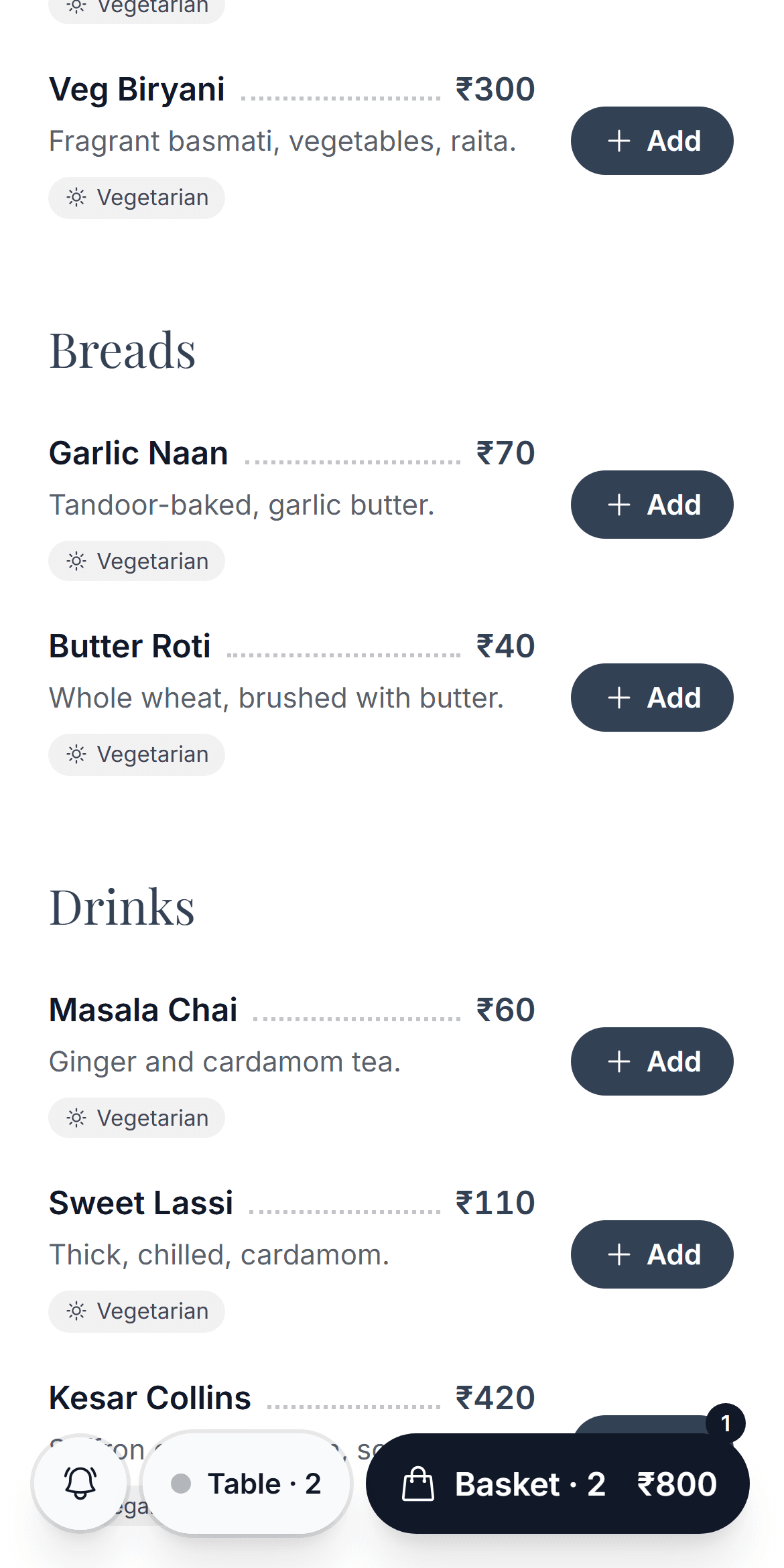 The published menu on a phone, scrolled to the breads and drinks