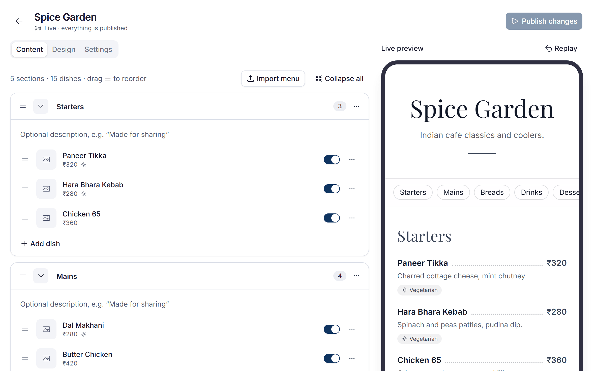 The menu editor: the dishes on the left and a live preview of the guest menu on the right