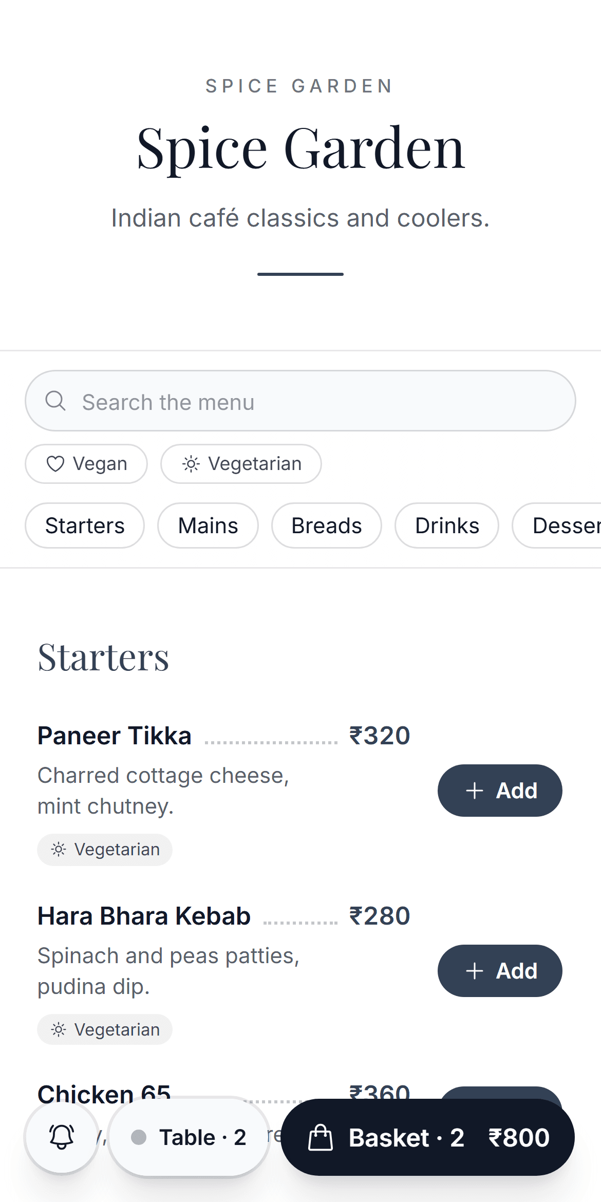The guest menu on a phone: search, dietary filters, sections and an Add button on every dish