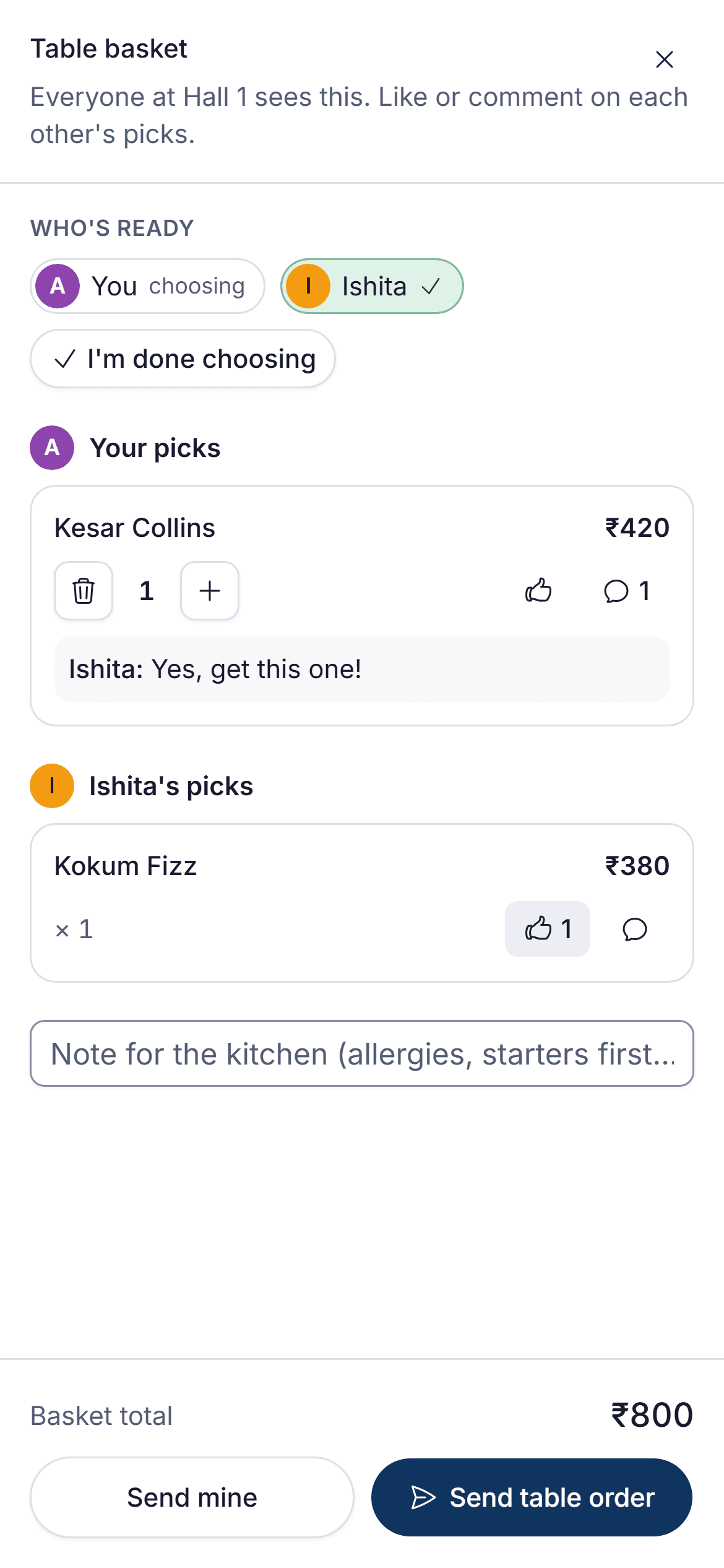 The shared table basket: everyone's picks, likes and comments, and Send table order