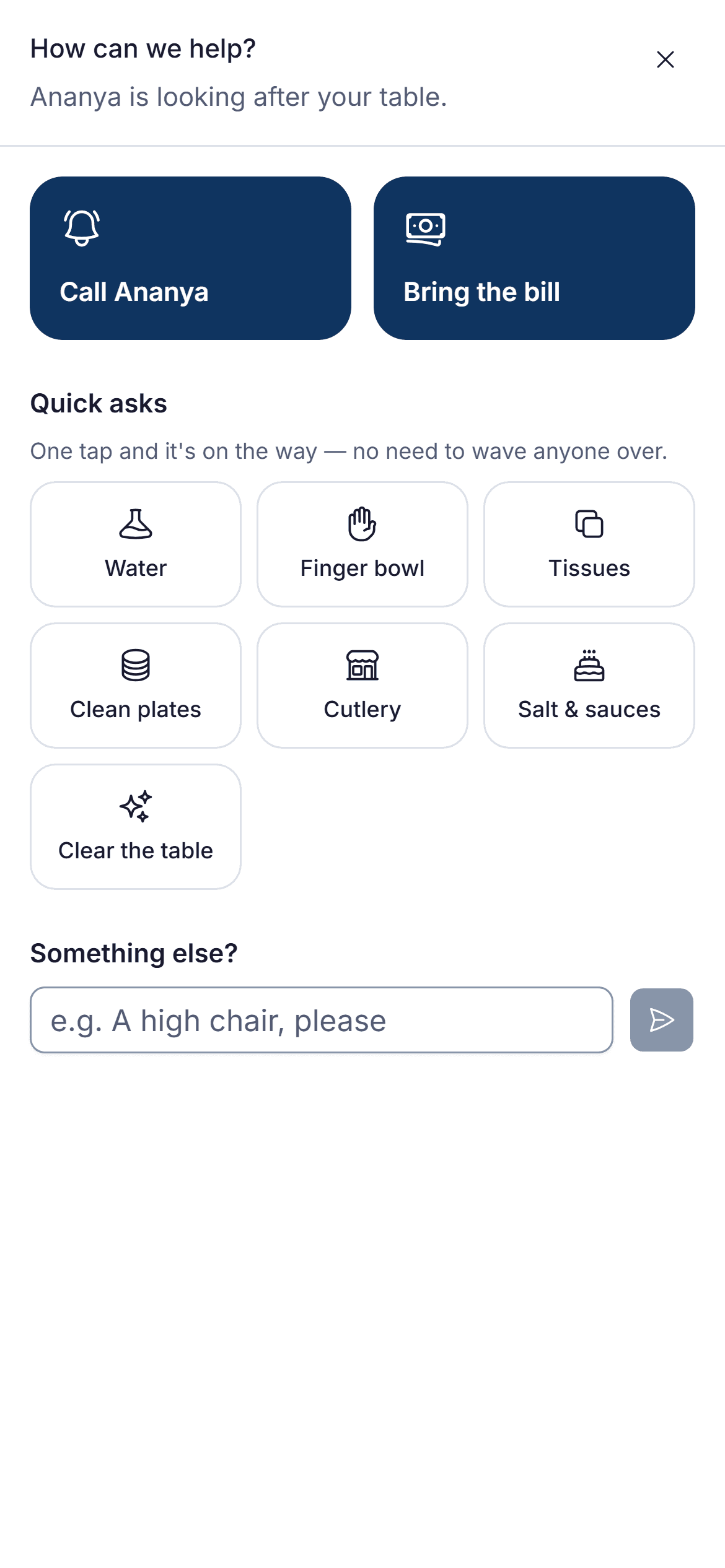 Guests ask for help from the table: call the waiter by name, bring the bill, water and more